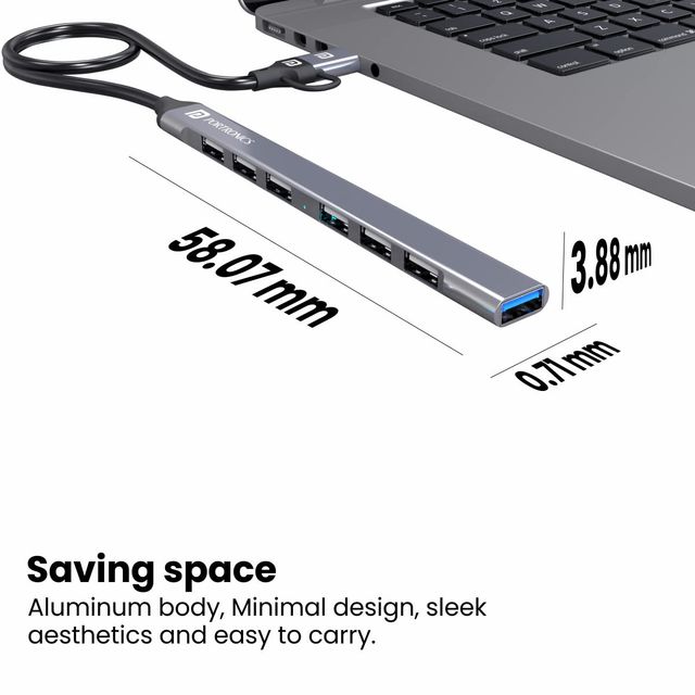 Portronics Mport 7 USB Hub (7-in-1), Multiport Adapter with Dual Convertible USB Type C Heads Grey