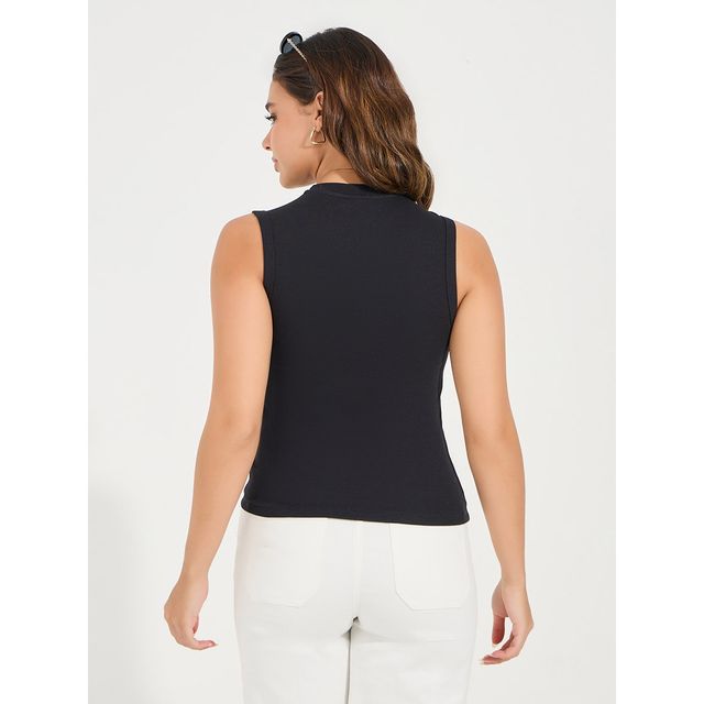 Styli Women Black Ribbed High Neck Fitted Tank Top L - Buy at