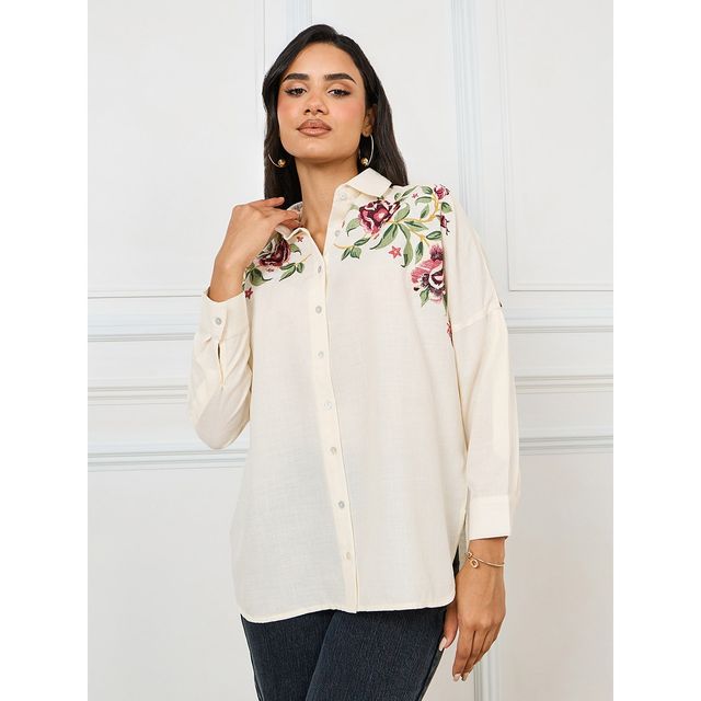 Styli Women's Regular Fit Shirt with Extended Shoulder | Off White - S