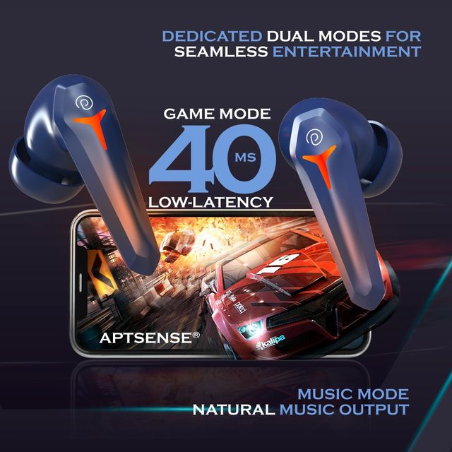 pTron Bassbuds Razer TWS Earbuds | 40ms Gaming | 45H Playtime | AI-ENC Calls & Deep Bass - Blue