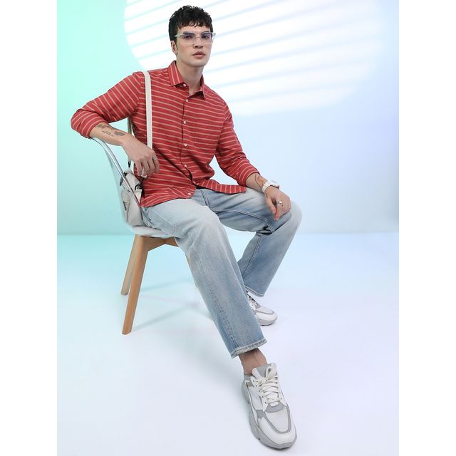 Ketch Men Slim Fit Striped Cut Away Collar Casual Shirt | Pink | L