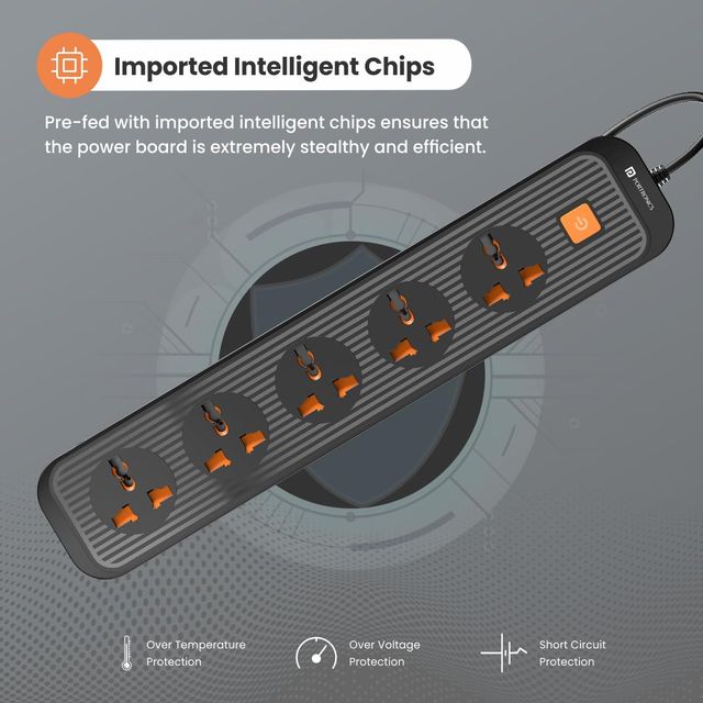 Portronics Power Plate 13 Multiplug Extension Board 5 Power Sockets, 1500W,2M Cord Length Black