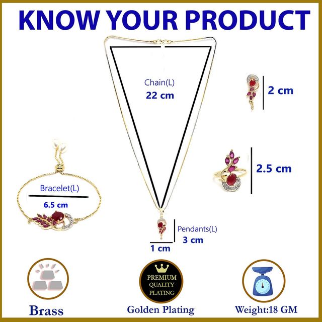 Zeneme Red Gold Plated Cubic Zirconia Studded Handcrafted Jewellery Set For Girls and Women