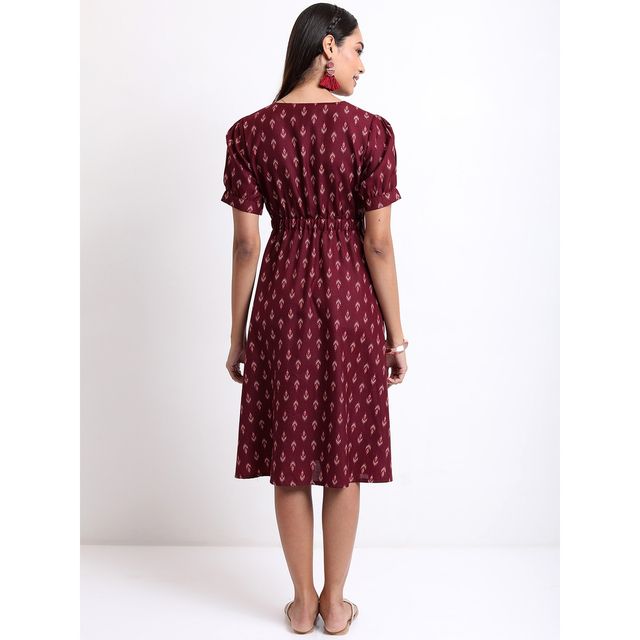 Ketch Women's Ethnic Motifs Printed Gathered A-Line Midi Dress | Brown - S