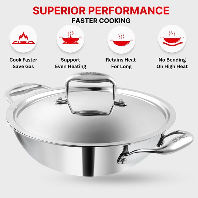Vinod Platinum Triply Stainless Steel Kadai With Lid- 24 Cm, 2.5 L (Induction Friendly)