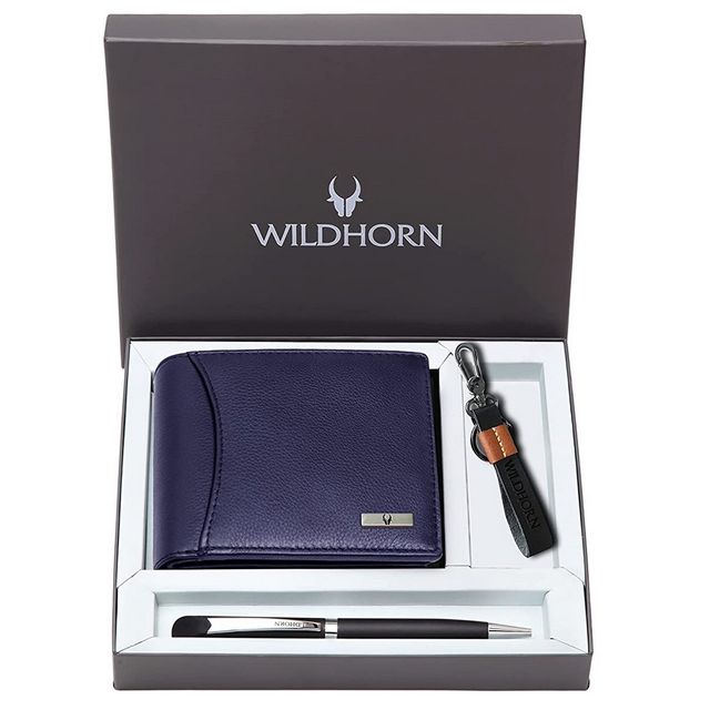 Wildhorn Men'S Leather Wallet Gift Set | Blue - One Size (1pc) & Calvadoss Unisex Canvas Belt | Canu-1054 | Beige | Upto 40 Inch (1pc) Combo