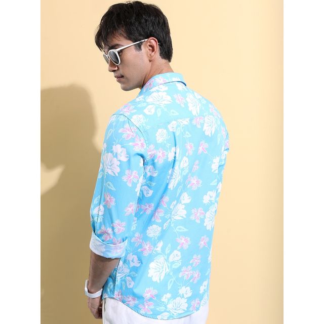 Ketch Men Floral Printed Spread Collar Cotton Slim Fit Casual Shirt | Blue | XL