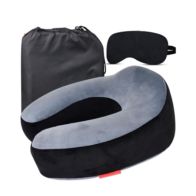 Trajectory Unisex Solid Polyester Neck Pillow with Eye Mask | Black and Grey - One Size