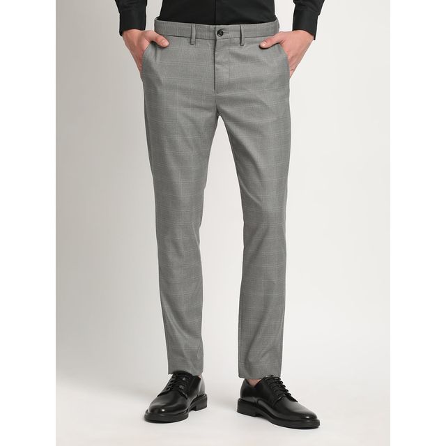 The Bear House Men Slim Fit Checked Polyester Blend Formal Trouser - Caneel | Grey | 30