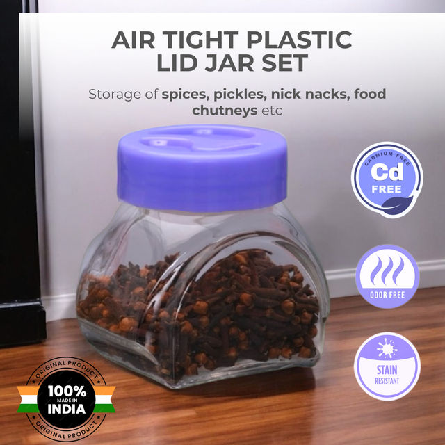 Yera Spice Glass Jar 2 pcs Set With Airtight Violet Colored Plastic Lids 285 ml (Each)