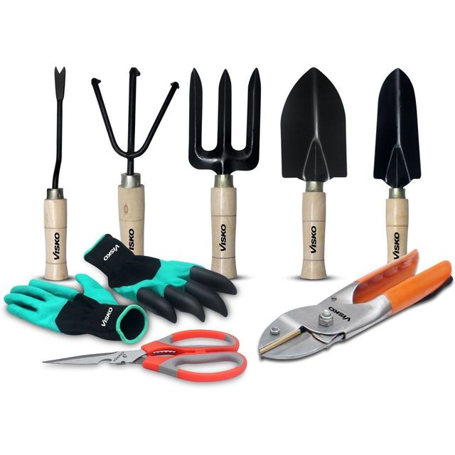 Visko 538 Garden Tools Kit | 5 Pcs Wooden Set, Gloves, Super Pruining Scateur, Scissor | 8 Tools