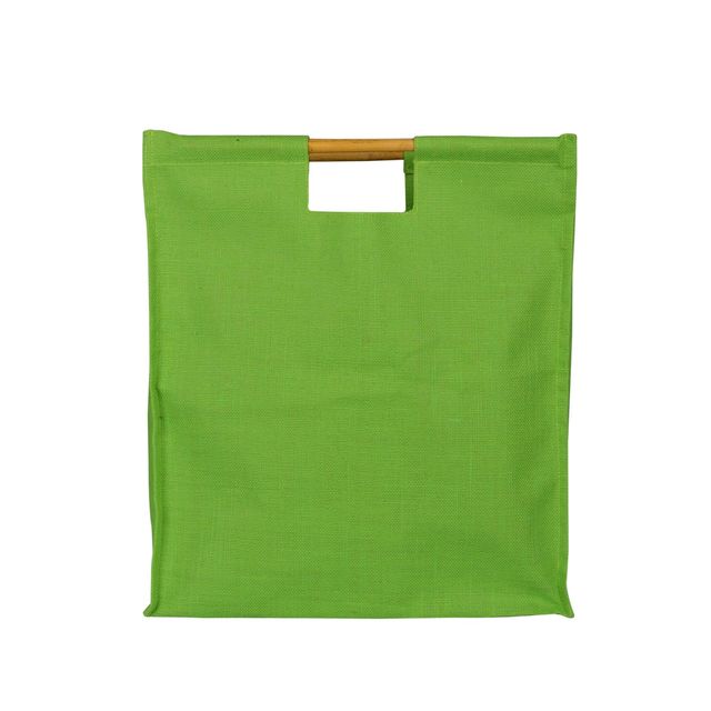 Jute Cottage Carry Bag - Jumbo Shopping Bag Bamboo Handle | Eco-friendly | Green | 19 x 18 x 9