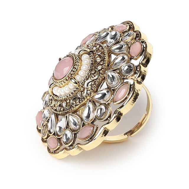 Aatmana Gold-Plated Pink Kundan-Studded & beaded Adjustable Traditional Finger Ring