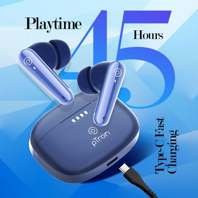 pTron Bassbuds Prism TWS Earbuds With 45Hrs Playtime | Trutalk Ai-Enc Calls | Pristine Sound - Blue