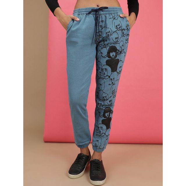 Freehand Women Casual Regular Light Blue Printed Denim Jogger 28 | 1221-Dnmjog-142