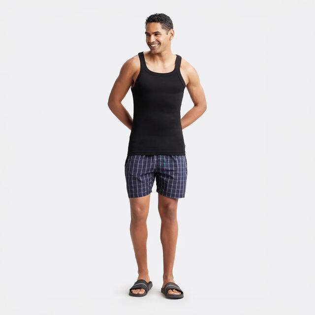 Jockey 1222 Men's Super Combed Mercerized Cotton Woven Checks Boxer|BackPocket | Blue-M