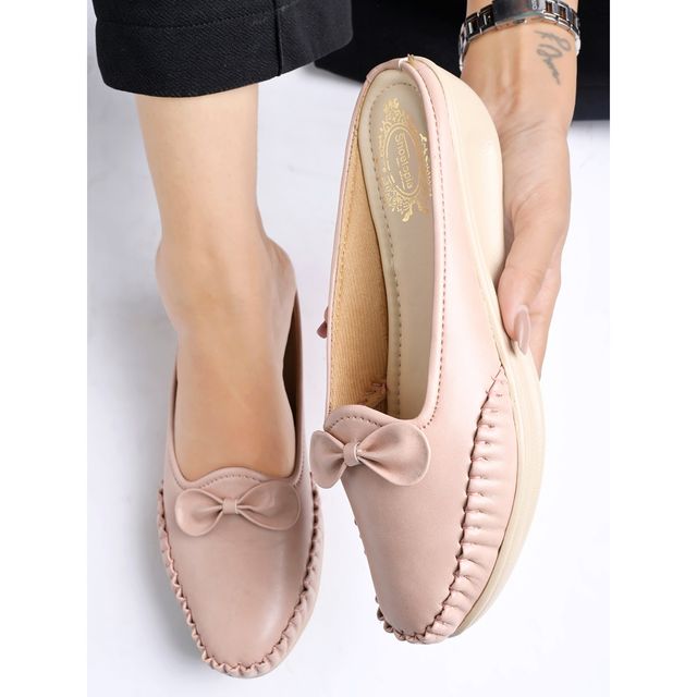 Shoetopia Women's Upper Bow Detailed Slip-On Loafers | Peach - UK 5