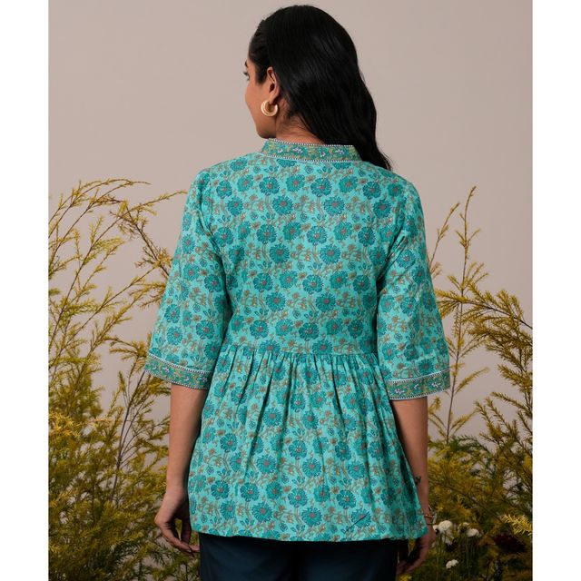 Libas Turquoise Cotton Floral Printed a | Line Kurti | Turquoise Blue | S