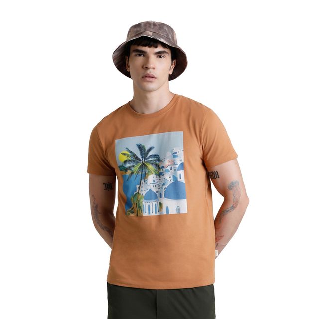JACK & JONES Men's Graphic Print Crew Neck T-shirt | Brown - L
