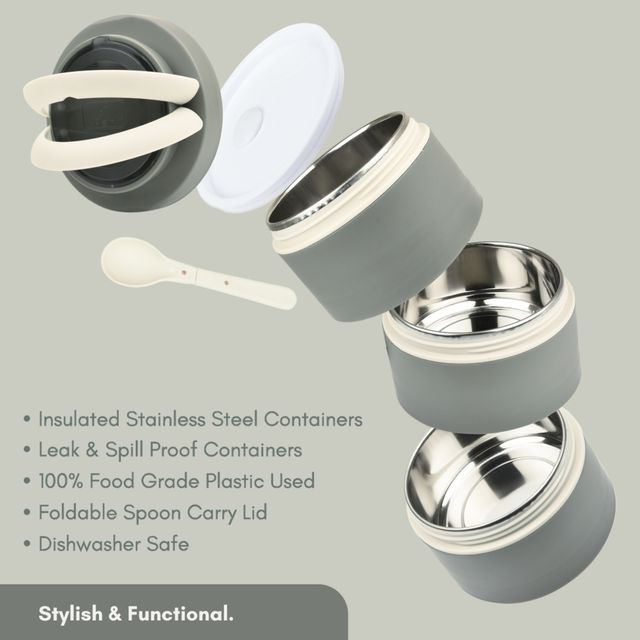 Flair Feast 3-Pc Lunch Box Set - Gray, Insulated With Handle & Spoon