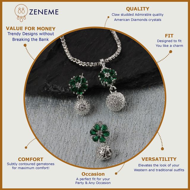 Zeneme Rhodium-Plated Silver Green CZ-AD Floral Cute Pendant Earrings Jewellery Set For Women
