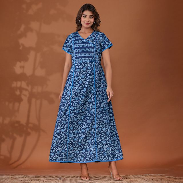 Nihsamah Women's Cotton Premium Angrakha Nighty | Full Length | Blue - XL