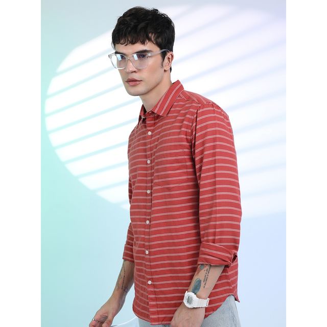 Ketch Men Slim Fit Striped Cut Away Collar Casual Shirt | Pink | L