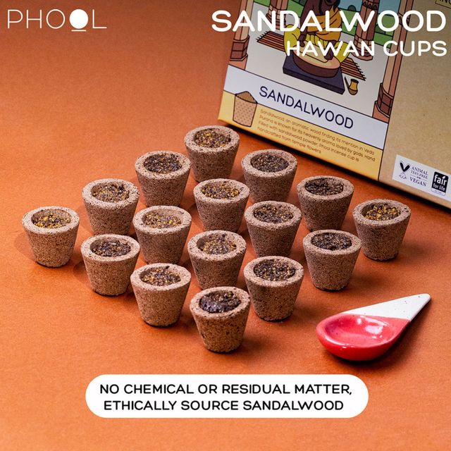 Phool Sandalwood Sambrani Havan Cups 100% Natural Certified Dhoop Cups 16 Cups + Holder