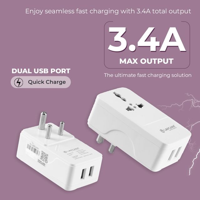 Lapcare Dual USB Adapter with 1 AC Power Socket | Multiport Travel Charger for Smartphones