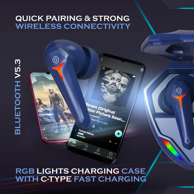 pTron Bassbuds Razer TWS Earbuds | 40ms Gaming | 45H Playtime | AI-ENC Calls & Deep Bass - Blue