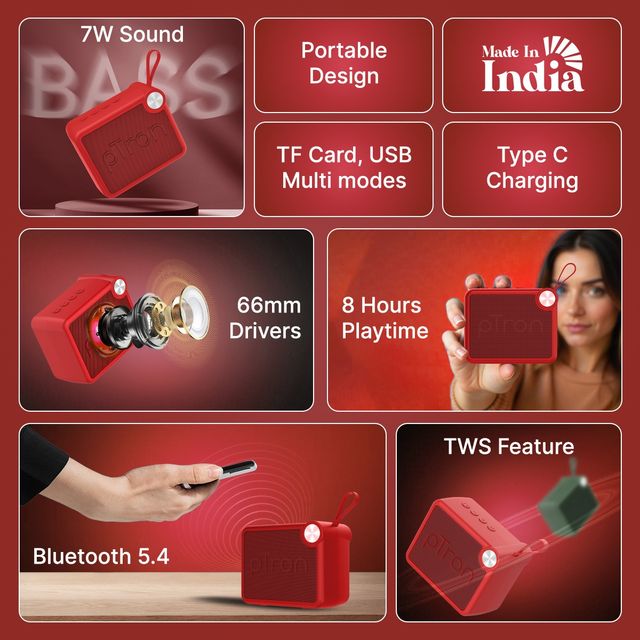 pTron Musicbot Pop V2 7W Mini Bluetooth Speaker with Pristine Sound & 8 Hours Playtime | Red