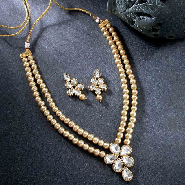Peora Traditional Beads Kundan Layered Long Necklace & Drop Earring Ethnic Set Gift for Women