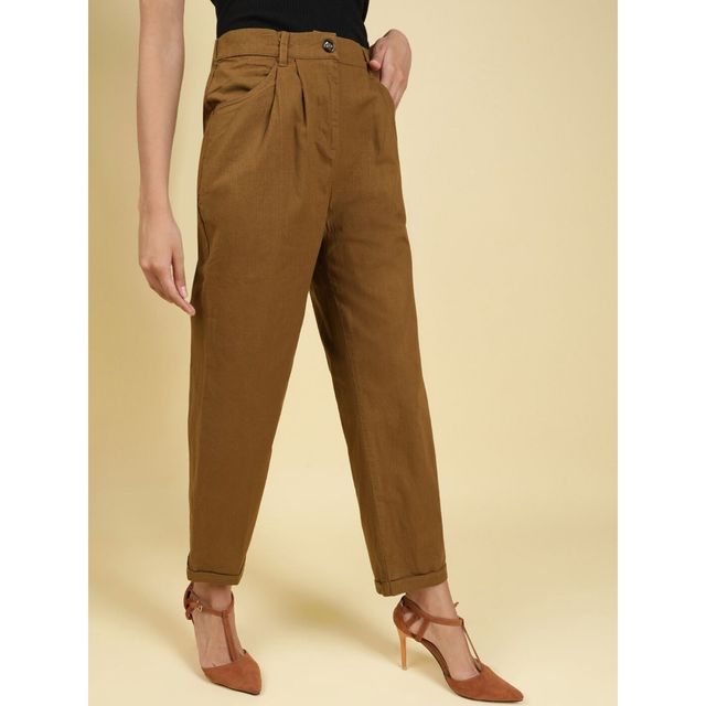 Freehand Women's Casual Regular Pleated Pants - Ginger Bread | Solid | 30