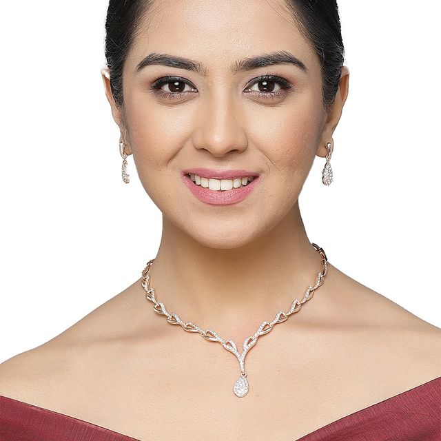 Zeneme Gold-Plated Cubic Zirconia Studded Teardrop Shaped Jewellery Set For Women & Girls