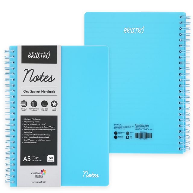Brustro Notes A5 Size | 1 Subject Ruled Notebook 160 Pages | 70 Gsm Ivory Paper | Aqua Cover