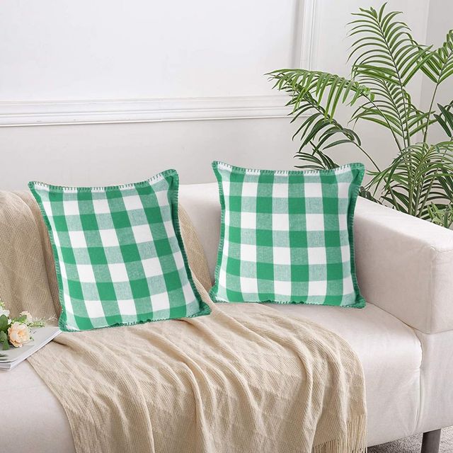 Lushomes Cotton Cushion Covers - Green and White Checks | 16 x 16 inch