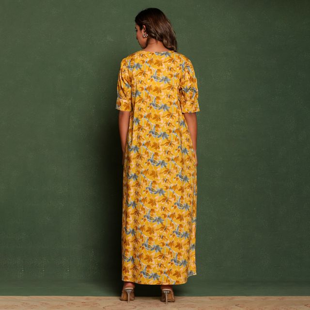 Nihsamah Women's Cotton Lace Nighty | Full Length | Mustard - M