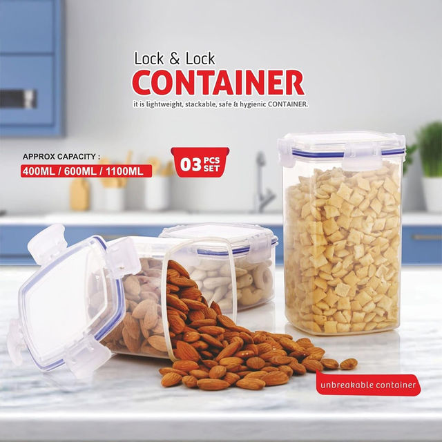 Clazkit Lock & Store Plastic Storage Jar and Container Set of 3 |Transparent