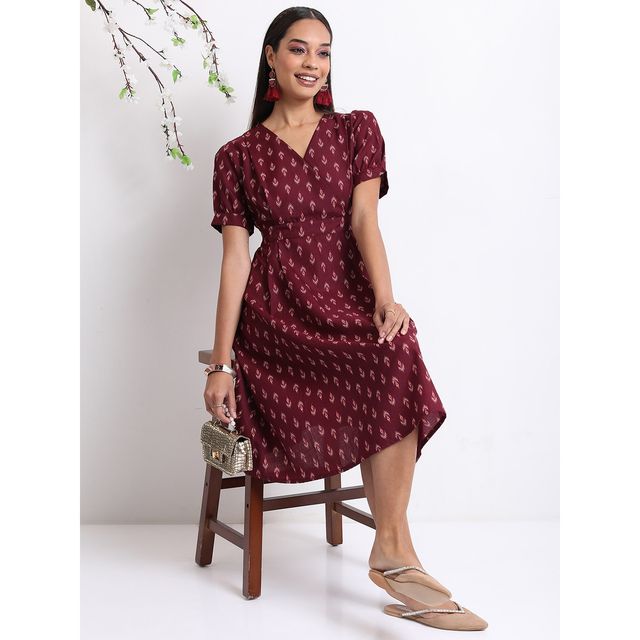 Ketch Women's Ethnic Motifs Printed Gathered A-Line Midi Dress | Brown - S