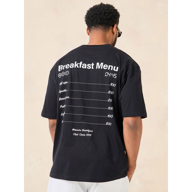 Styli Men's Oversized Fit Tee with Breakfast Graphic in Compact Cotton Jersey | Black - S