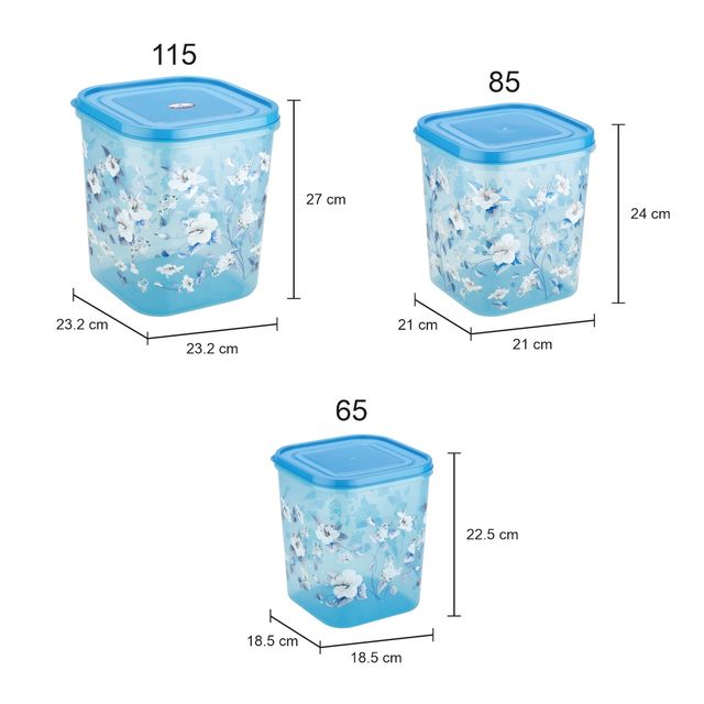Joyo Kitchen Classic Container 3 Pcs Set | 65/85/115 | Transparent Printed Blue