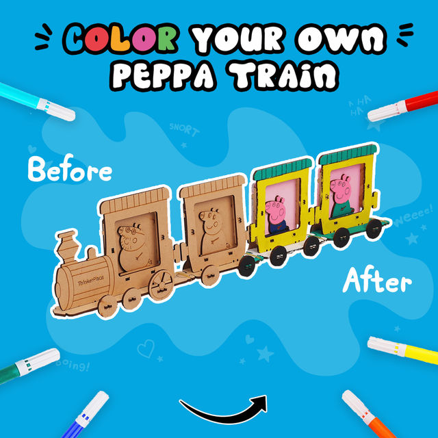 ThinkerPlace Peppa Pig DIY Mini Train Photo Frame | Build & Color Fun Train Toy (Age 3+)