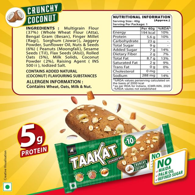 Taakat Hunger Bar | Crunchy Coconut | Pack Of 6