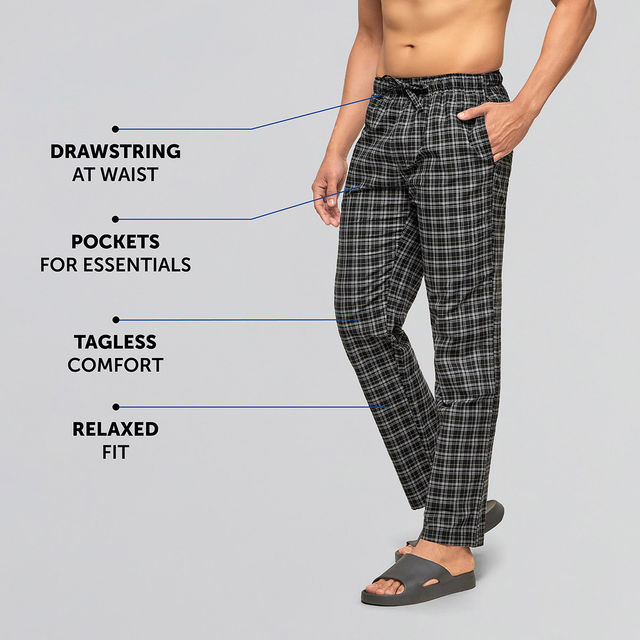 XYXX Checkmate 100% super combed cotton Checks Pyjama Relaxed Fit | 2 Side pockets | Black- S