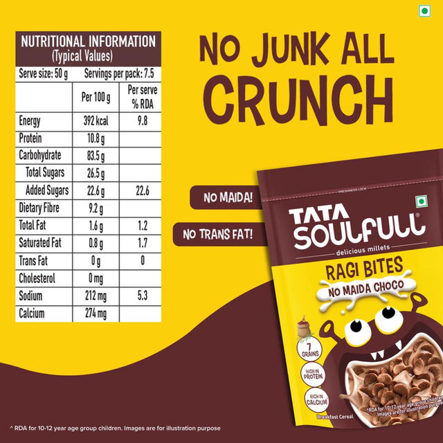 Tata Soulfull Ragi Bites No Maida Choco, Yummy Chocolatey, 7 Grains, Breakfast Cereals