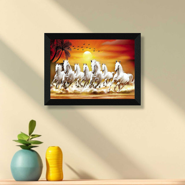Saf 7 Running Horses Vastu Uv Textured Digital Reprint 14 Inch X 11 Inch Painting (With Frame)