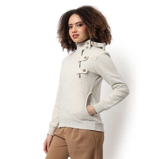 Campus Sutra Women's Hooded Sweatshirt | Cream - S