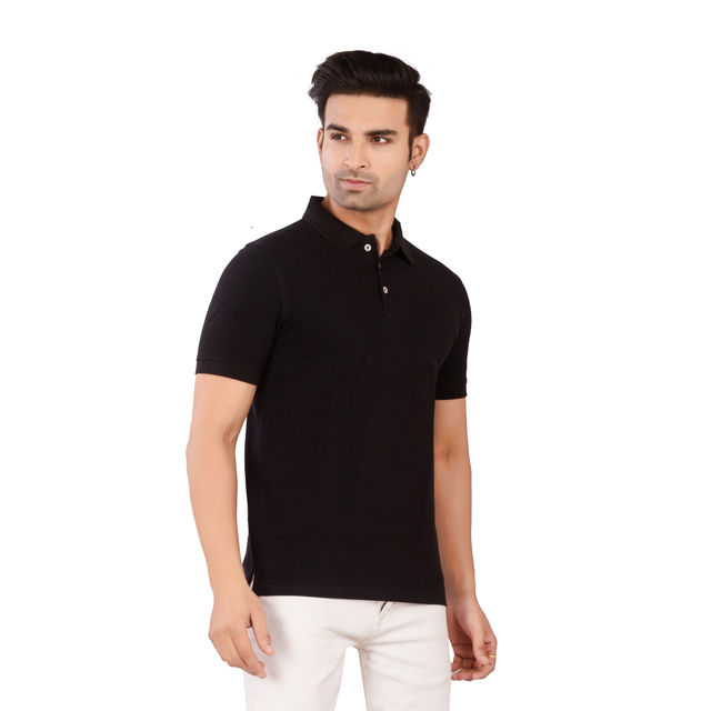 EQL Men's Cotton Solid Lightweight & Breathable Polo T-shirt | Black - L