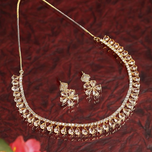 Zeneme Gold Plated American Diamond Modern Necklace Set | Multi-Piece Set