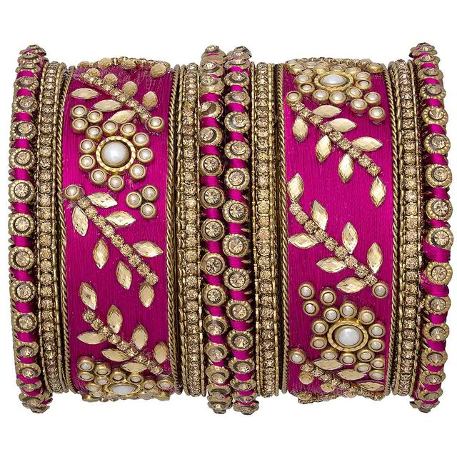 Peora Designer Silk Thread Matching Rani Pink Floral Bangle Set Bridal Chuda Chura(Size - 2.6 inch)